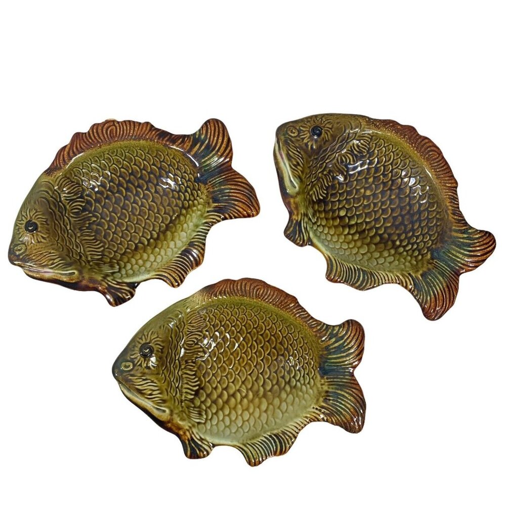 Granit Hungary Fish Bowl Dish Set of 3 9" Art Pottery Green